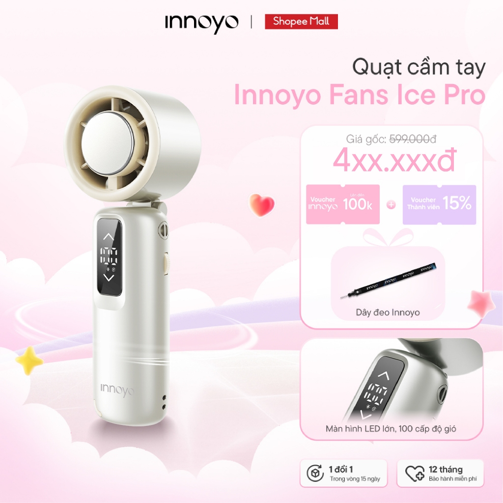 Quạt cầm tay gấp gọn Innoyo Fans Ice Pro - Màn hình lớn, 100 cấp độ gió, sò lạnh làm mát - BH 6 thán