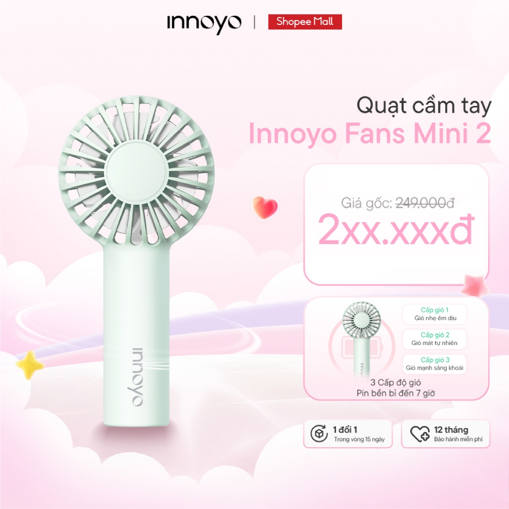 [QUÀ TẶNG KHÔNG BÁN] Quạt mini cầm tay Innoyo - 3 cấp độ gió, động cơ êm ái, pin bền bỉ đến 7 giờ
