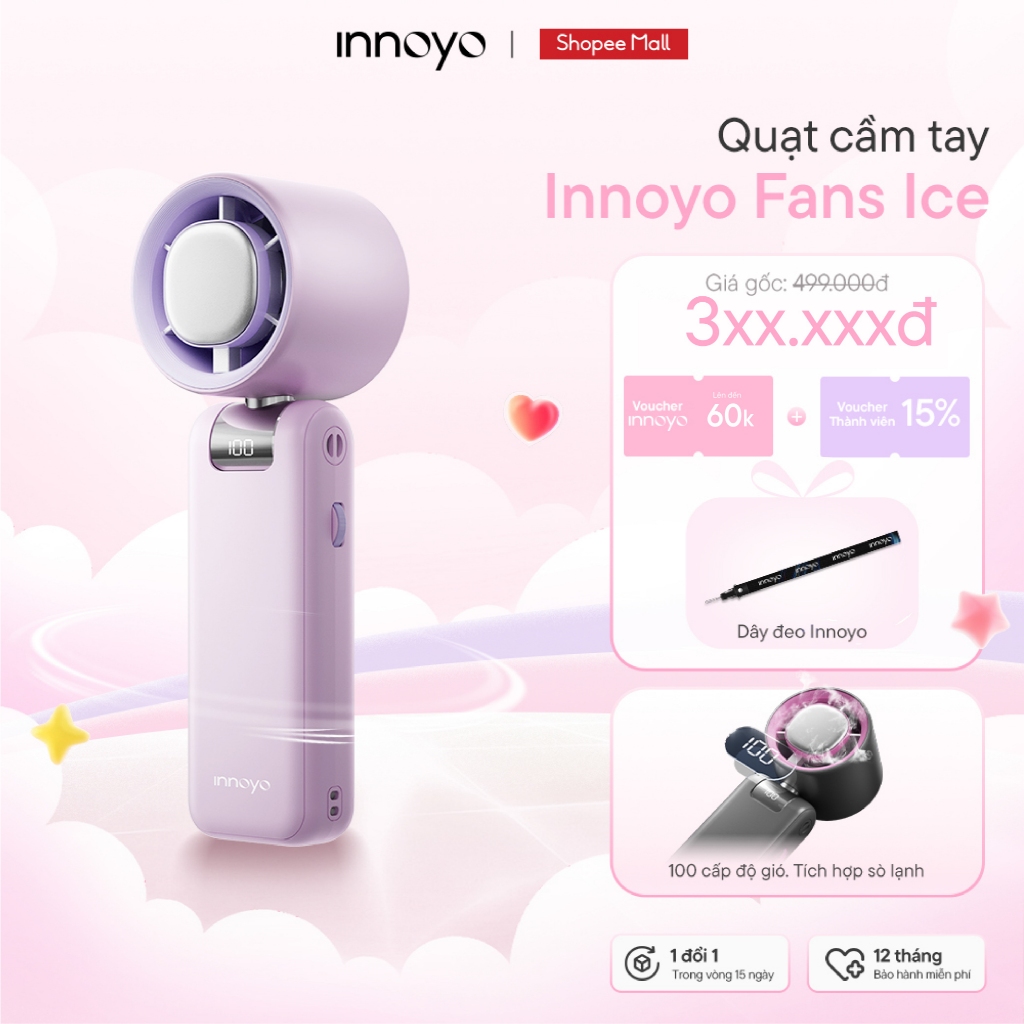 Quạt cầm tay Innoyo Fans Ice - 100 cấp độ gió, gập linh hoạt 180 độ, tích hợp sò lạnh - Bảo hành 6 tháng - Tặng dây đeo