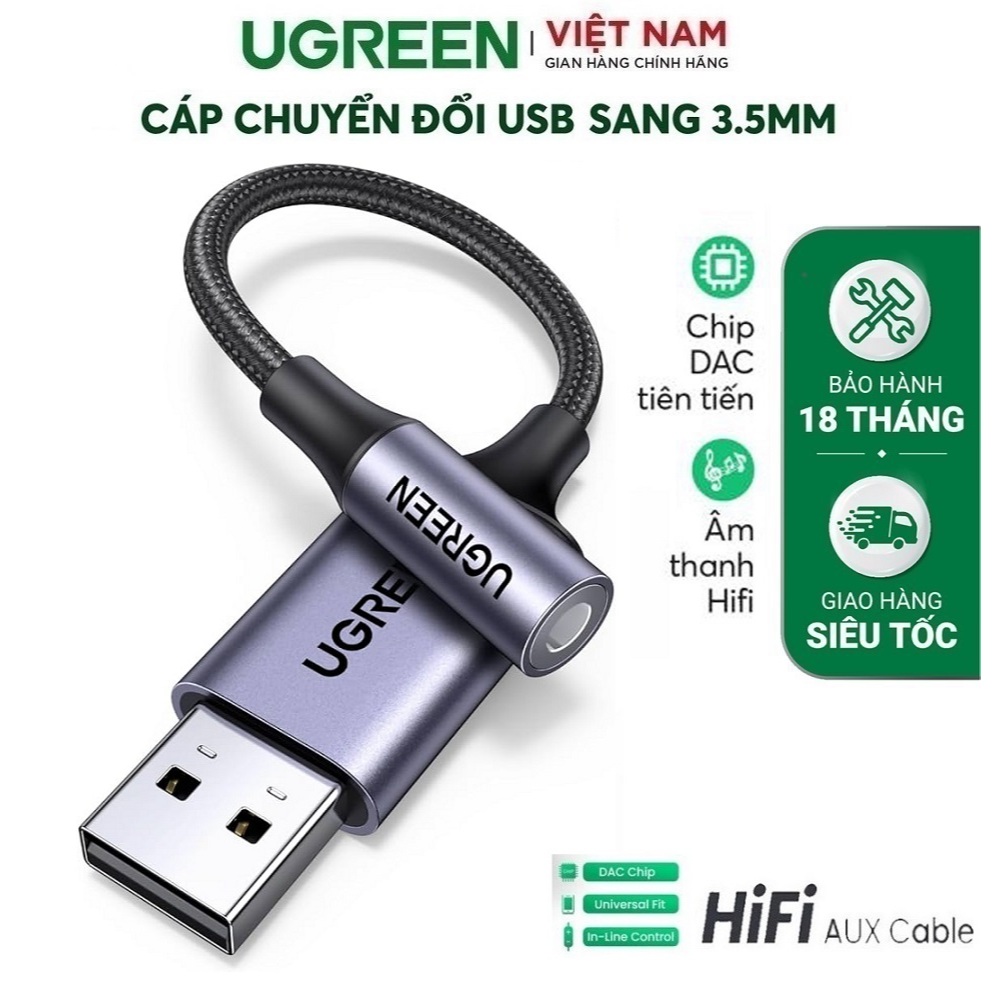 Cáp chuyển đổi Âm Thanh USB 2.0 Type-A Sang 3.5mm Dây Dù bọc Nhôm Hỗ Trợ Mic chính hãng Ugreen 30757