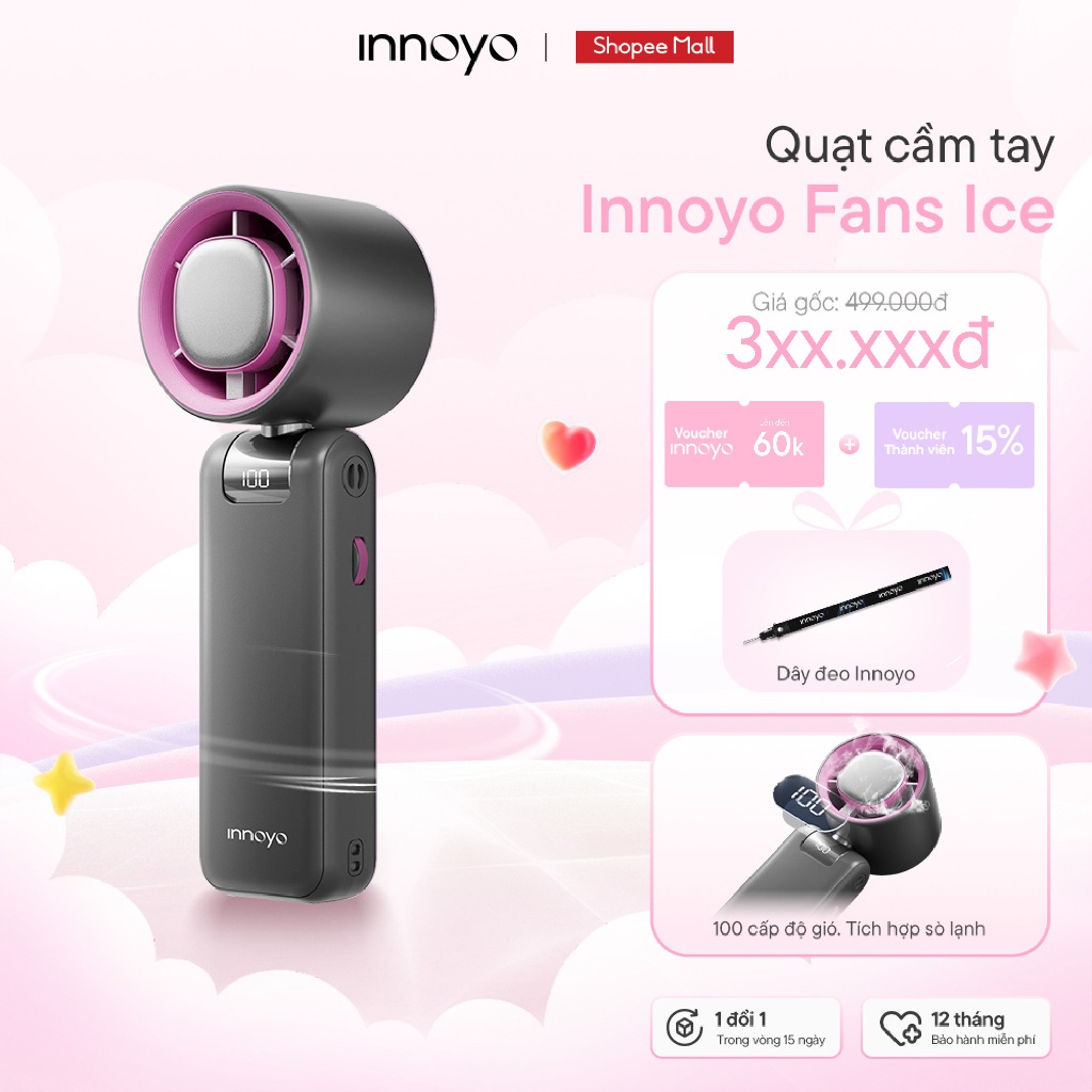 Quạt cầm tay Innoyo Fans Ice - 100 cấp độ gió, gập linh hoạt 180 độ, tích hợp sò lạnh - Bảo hành 6 t