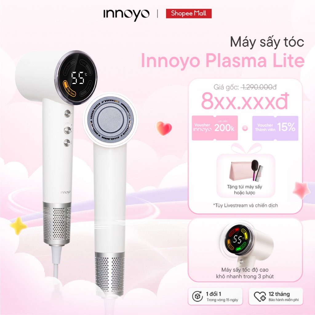 Máy sấy tóc Innoyo Plasma Lite - 200 triệu ion kép, màn hình kỹ thuật số - Bảo hành 12 tháng - Tặng đầu sấy