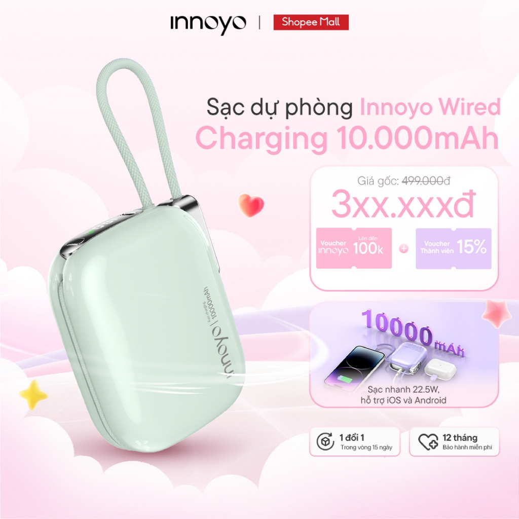 Sạc dự phòng có dây INNOYO Nhẹ 170gr 3 trong 1 22.5W 10000 mAh Đa Thiết bị | Bảo Hành 12 Tháng