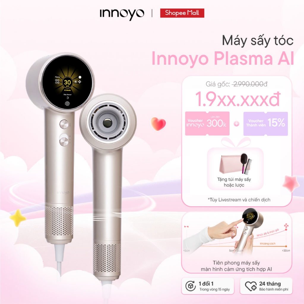 Máy sấy tóc ion kép Innoyo Plasma AI - Màn hình cảm ứng, tích hợp AI, 7 chế độ sấy - Bảo hành 24 tháng - Tặng đầu sấy