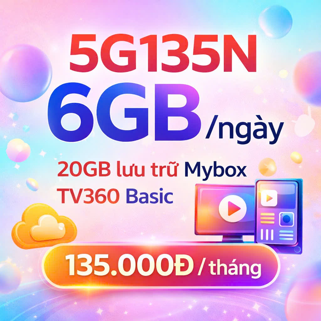 [DEAL HOT] SIM 5G VIETTEL 5G135N DATA 6GB/ Ngày - 180GB/Tháng Tốc Độ Cao. Đăng ký chính chủ.