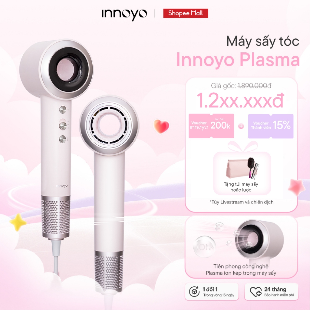 Máy sấy tóc Innoyo Plasma - Công nghệ Plasma ion kép, sấy nhanh trong 3 phút - Bảo hành 24 tháng - Tặng đầu sấy