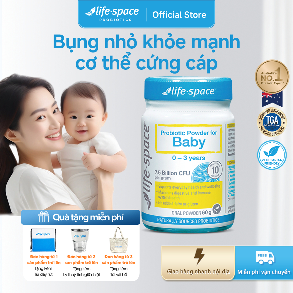 Men vi sinh Life Space Powder For Baby giúp hỗ trợ tốt cho tiêu hóa, hỗ trợ tăng cường sức đề kháng cho bé 0-3 tuổi 60g