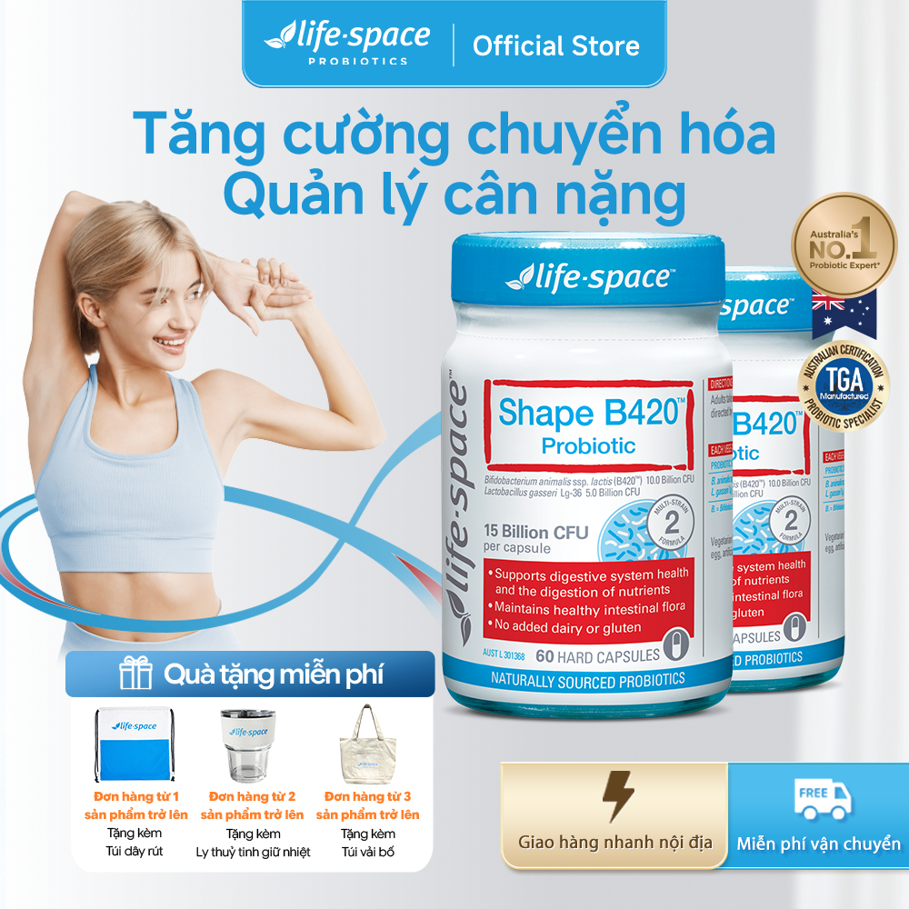 Men vi sinh Life Space Shape B420 Probiotic 60 viên*2 – Chứa prebiotic, hỗ trợ đốt mỡ, giảm cân và c