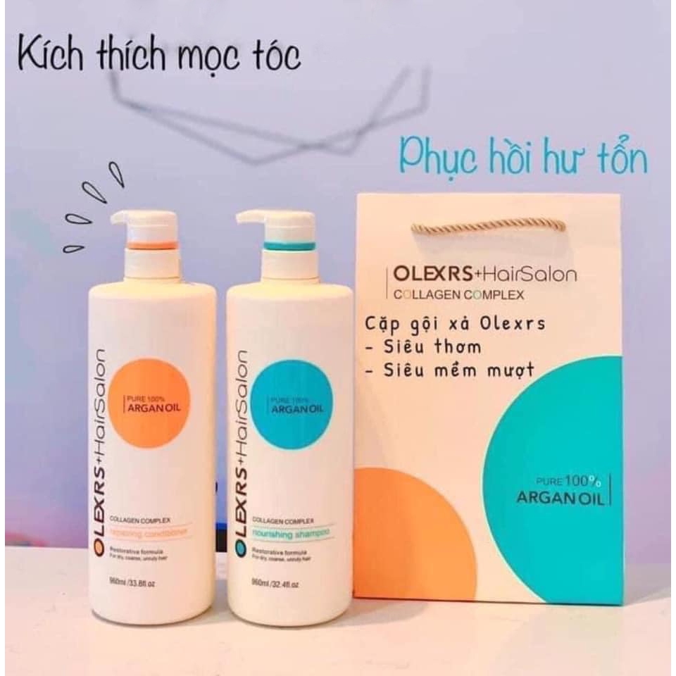 Cặp Dầu Gội Xả Olexrs Argan Oil Collagen 960ml Cho Tóc Khô Xơ Hư Tổn Tóc Gàu Ngăn Rụng Tóc. Hàng Chính Hãng