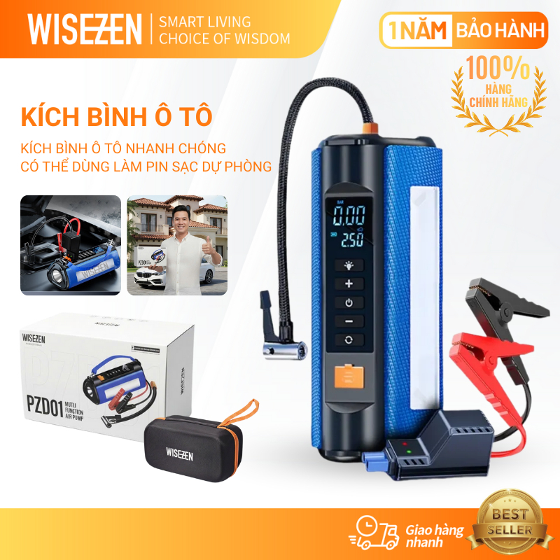 Bơm Lốp Kích Bình ắc Quy Ô Tô 4 Trong 1 Wisezen Có Thể Dùng Làm Pin Sạc Dự Phòng Tích Hợp đèn LED Dễ