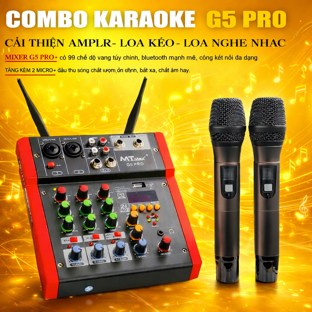 Mixer Tặng Kèm Micro G5 Pro, Livestream & Karaoke Gia Đình, Loa Kéo, Vang, Amply