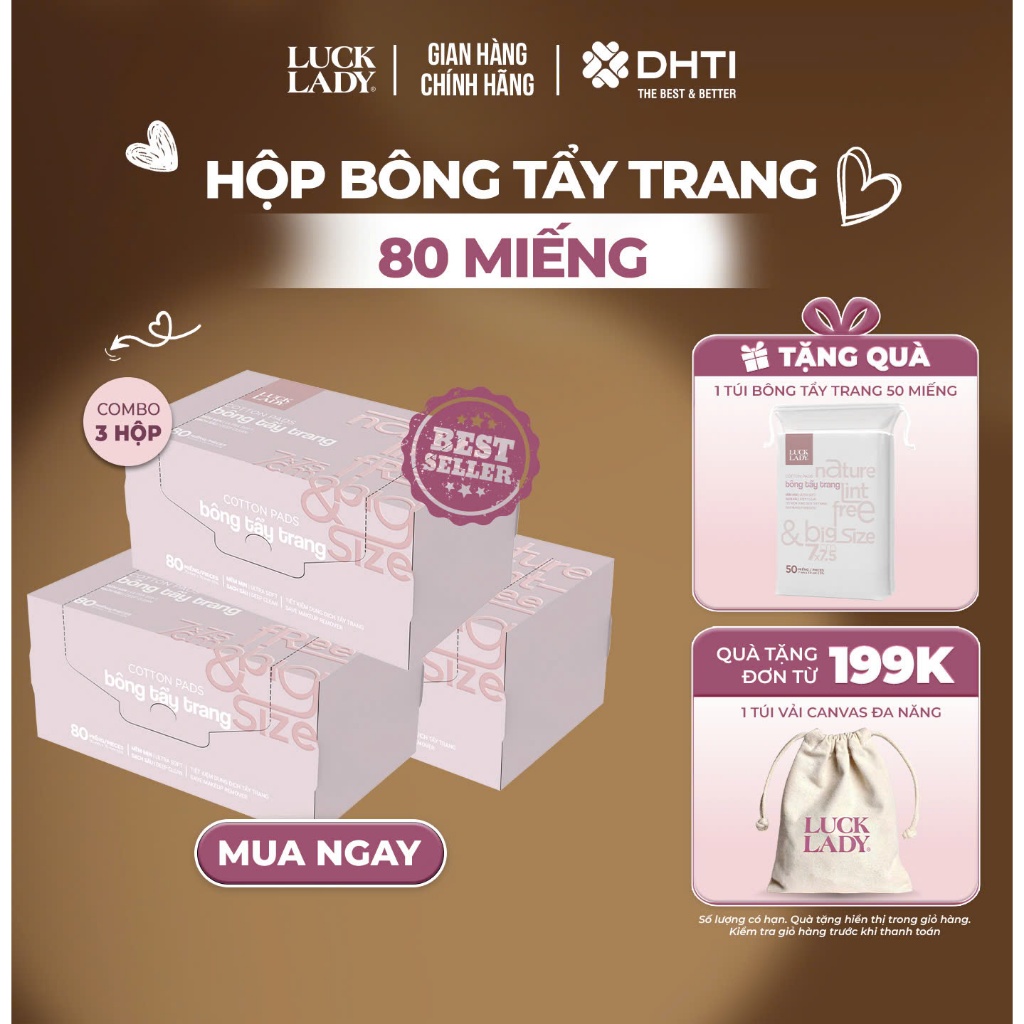 Bông tẩy trang Luck Lady cao cấp dạng hộp giấy 80 miếng/hộp, kích thước bông 7x7,5cm,mềm mịn, làm sạch da,an toàn cho da