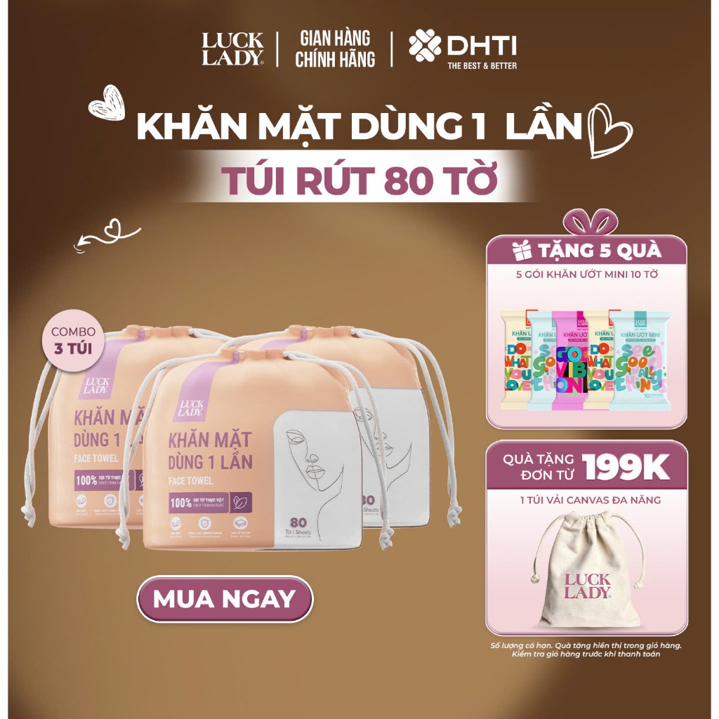 [MUA 3 TẶNG 5] MUA 3 túi khăn giấy, khăn mặt dùng một lần Luck Lady 80 tờ TẶNG 5 gói khăn ướt Luck L