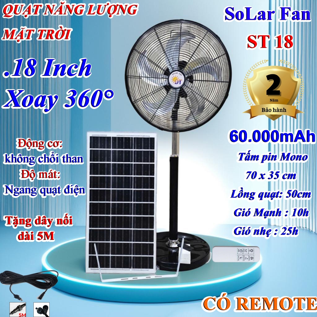 Quạt năng lượng mặt trời đứng 18 inch dung lượng pin 60000mAh động cơ không chổi than ,gió siêu mạnh