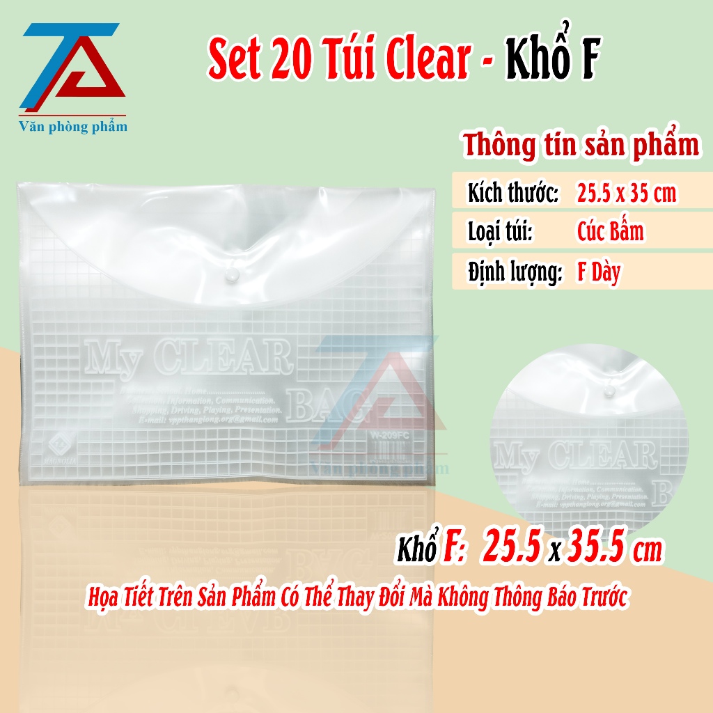 Set 20 Túi Clear Khổ F Loại Dày, Đựng Tài Liệu A4, Túi My Clear Trong Suốt - VPP Trường Anh