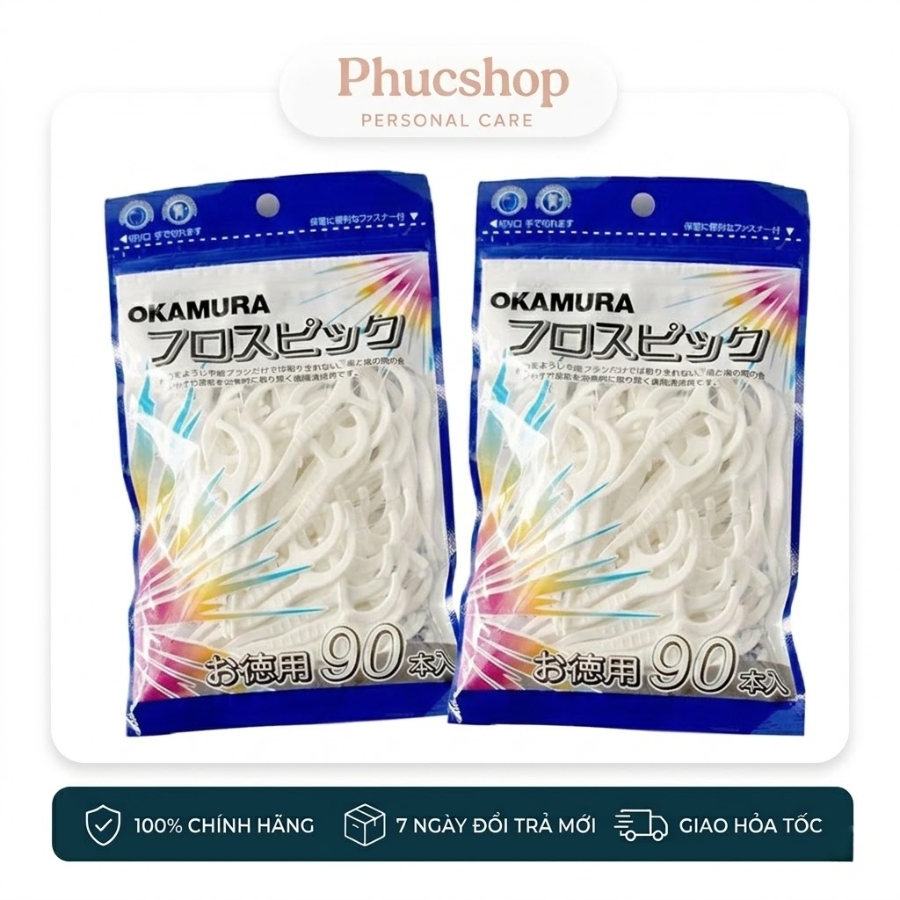 Combo 2 gói Tăm Chỉ Nha Khoa OKAMURA Nhật Bản 90 Cây Chỉ Tơ Bền Dai Làm Sạch Kẽ Răng, Ngừa Hôi Miệng
