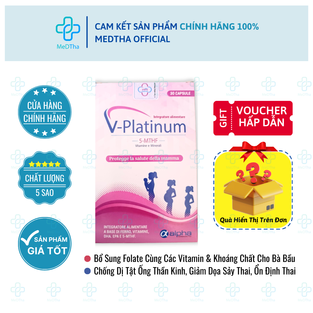 V-Platinum 5-MTHF - Bổ Sung Acid Folic / Folate, Sắt, Vitamin Tổng Hợp, Hỗ Trợ Sinh Sản (30 Viên)