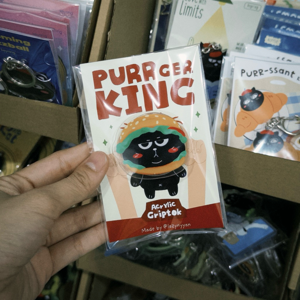 Purrger King Keyring | Móc khoá đầu mèo đen bánh burger trang trí DIY hoặc quà tặng