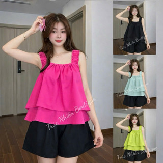 Đồ Bộ ngắn vải kate lụa 2 tầng, đồ bộ mặc nhà dây bản chun to xinh xắn Freesize dưới 58kg - K99