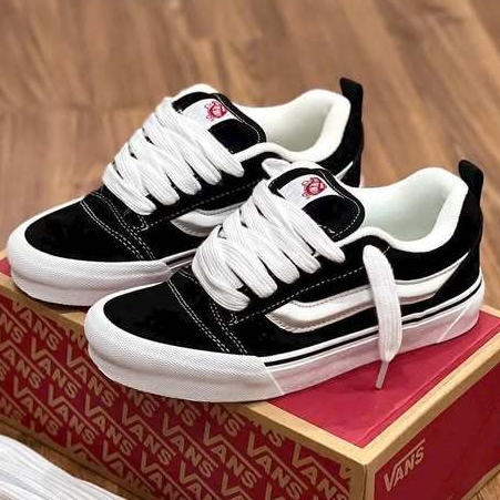 Giày Vans Knu Sọc Đen Trắng Phong Cách Skate, Giày Thể Thao Cổ Thấp Đế Cao Su Êm, Phối Đồ Streetwear