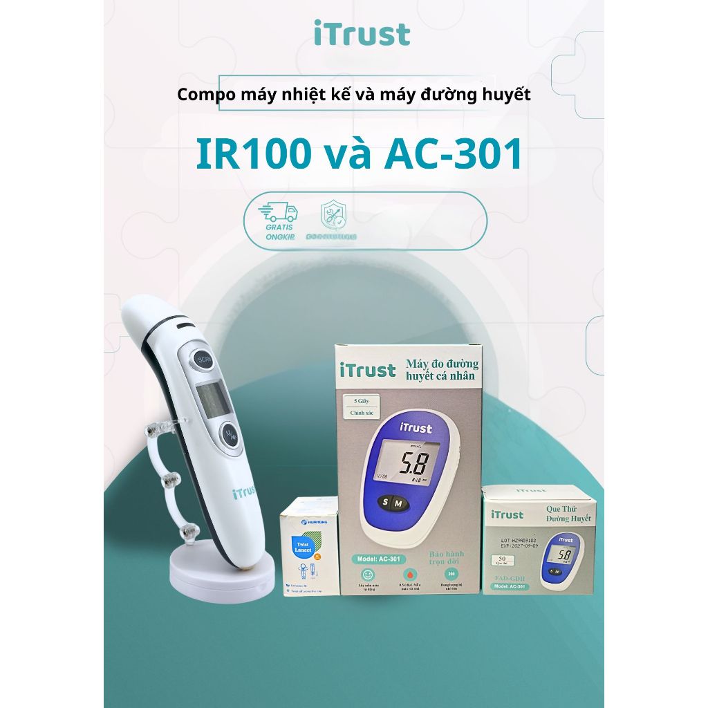 Combo Nhiệt Kế Hồng Ngoại ITRUST IR100 + Máy Đo Đường Huyết ITRUST AC301 Cho Gia Đình Chính Hãng