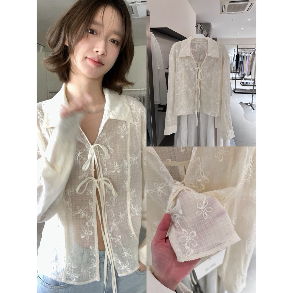 𝐢𝐦𝐜𝐡𝐢𝐜.𝟐𝟐𝐬 | Áo Sơ Mi Hoa Thêu Buộc Nơ IMiss Phong Cách Hàn Quốc Thời Trang Nữ