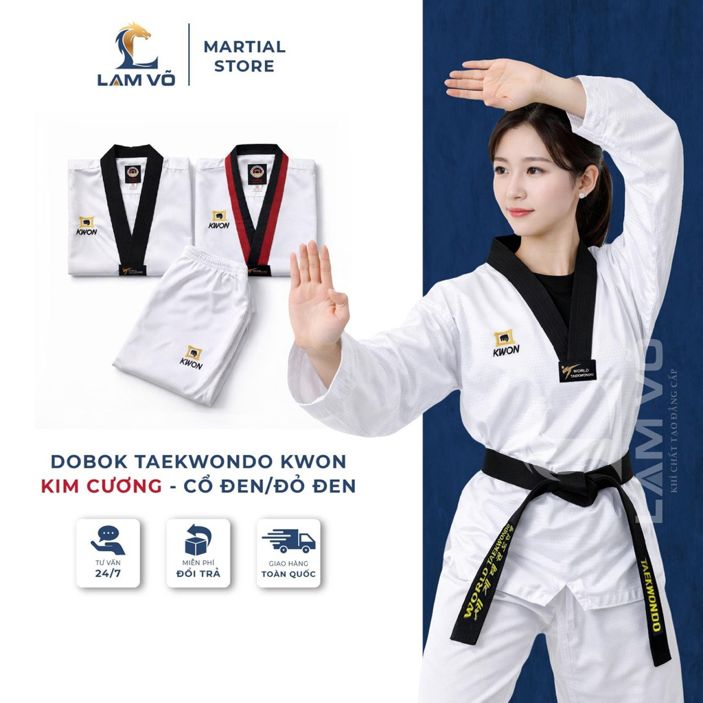 Võ Phục Taekwondo Kwon Kim Cương Cao Cấp – Dobok Cổ Đen/ Cổ Đỏ Đen Tập Luyện, Biểu Diễn & Thi Đấu