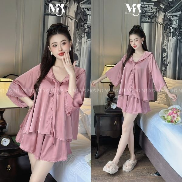 Đồ Ngủ Nữ Tay Loe Đùi MIKY, Đồ Ngủ Bigsize lụa Latin cao cấp mềm mại xinh xắn < 70KG M02 | BigBuy360 - bigbuy360.vn