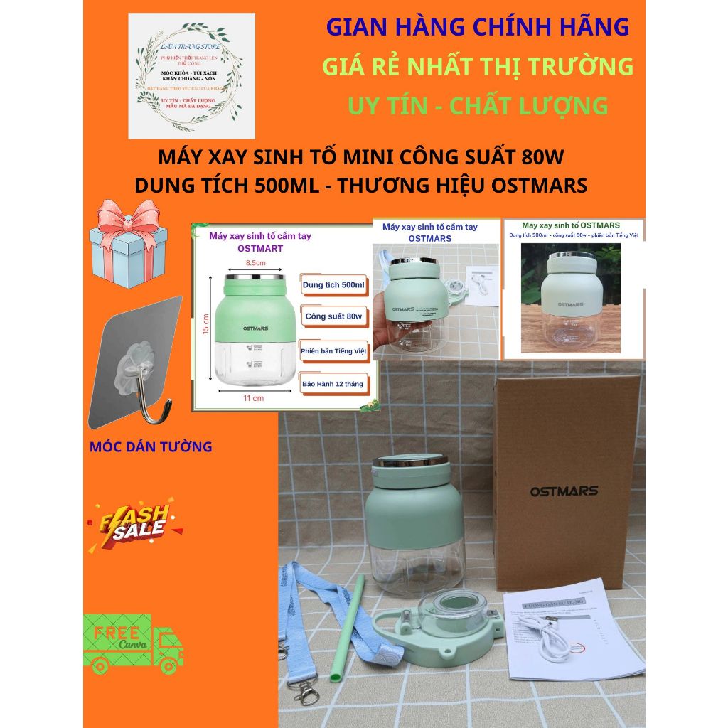 GIÁ RẺ - FREESHIP + Máy Xay Sinh Tố Cầm Tay Mini 500ML Thương Hiệu Ostmars, Pin Sạc, Hàng Chính Hãng