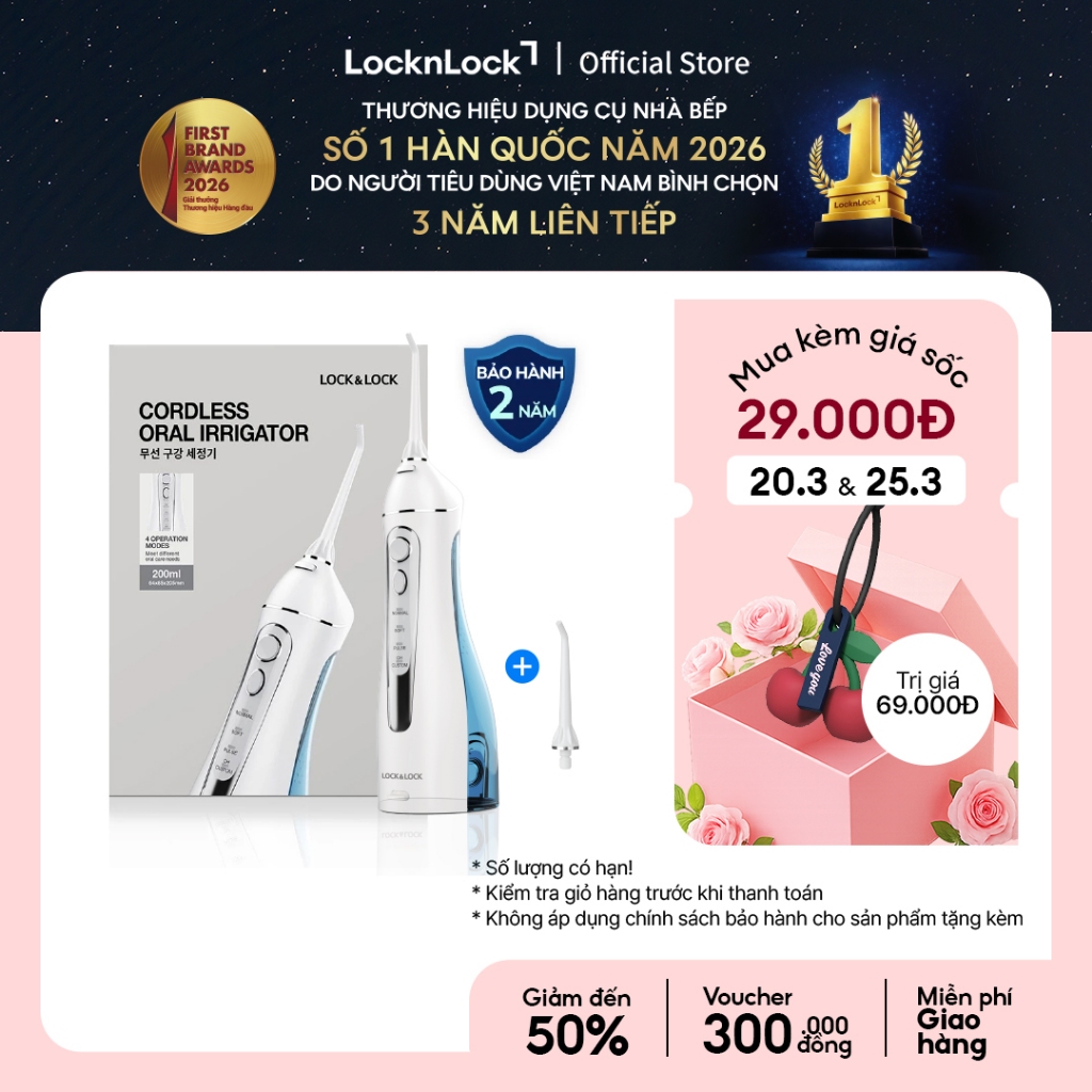 Máy Tăm Nước Không Dây 4 Chế Độ Dùng Được Răng Niềng Lock&Lock Cordless Oral Irrigator 200Ml - Màu Xanh - Enr156Blu