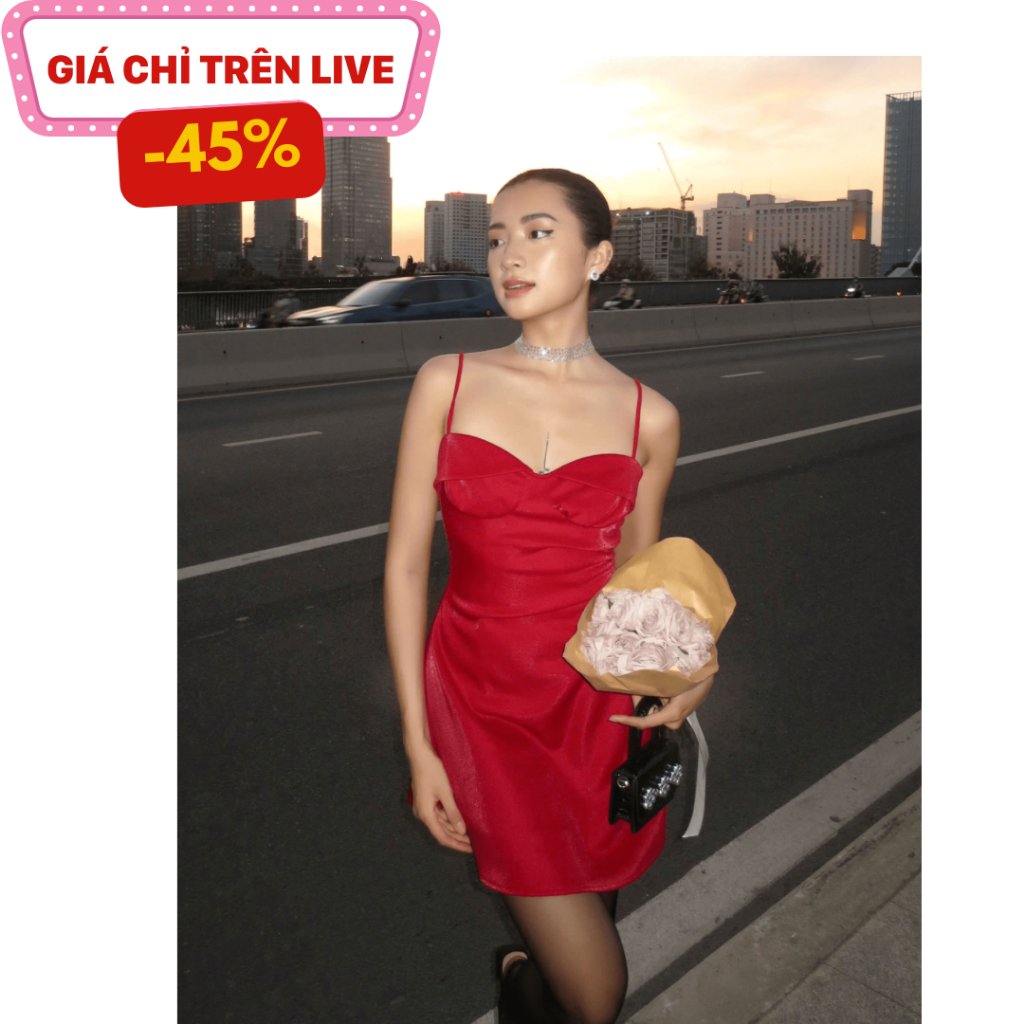 Đầm hai dây ôm body LA BOUTIQUE cổ V nhún eo quyến rũ cá tính-D001