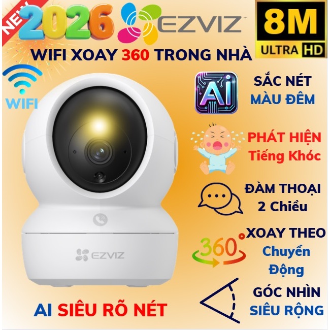 Camera WIFI trong nhà xoay 360 Ezviz C6N, H6C PRO MÀU ĐÊM H7C, C6CN, đàm thoại 2 chiều Chính Hãng