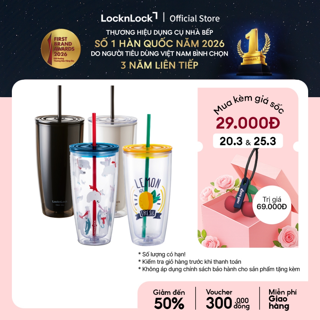 Ly nhựa 2 lớp Lock&Lock kèm ống hút 750ml HAP507