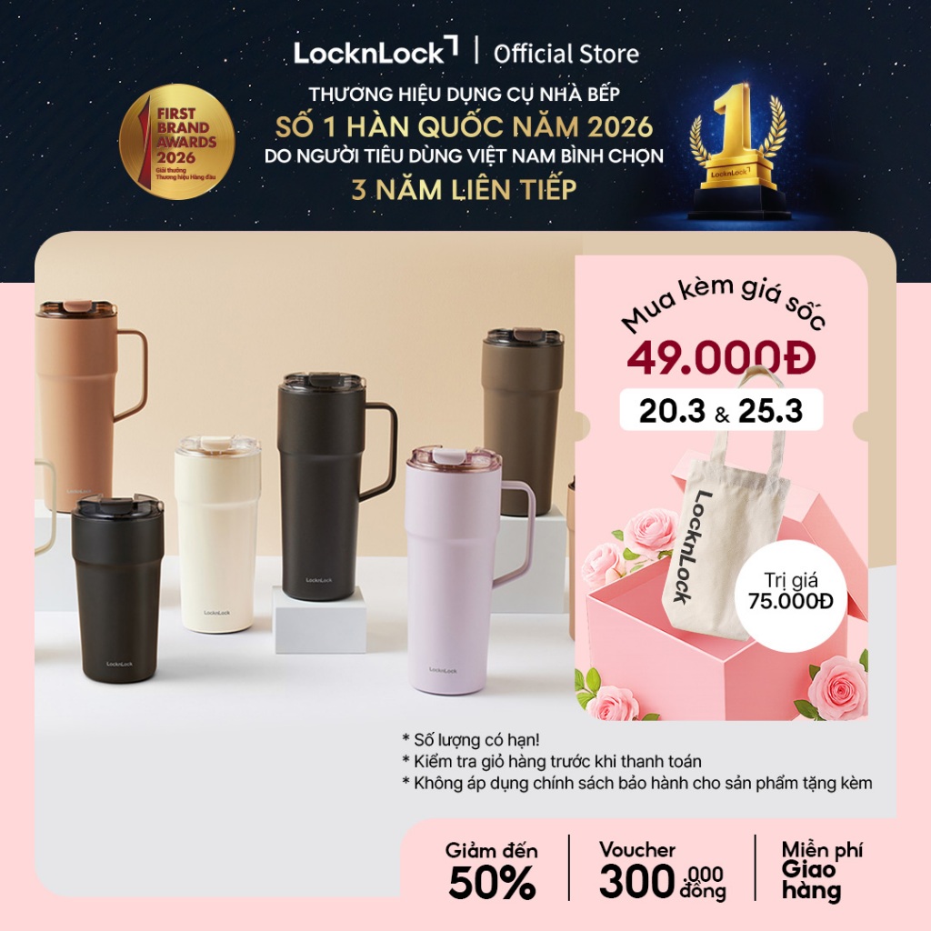 Bình giữ nhiệt LocknLock Metro Cafe Tumbler 650ml / 500ml / 750ml bằng thép không gỉ 304 phủ sứ kèm dây xách