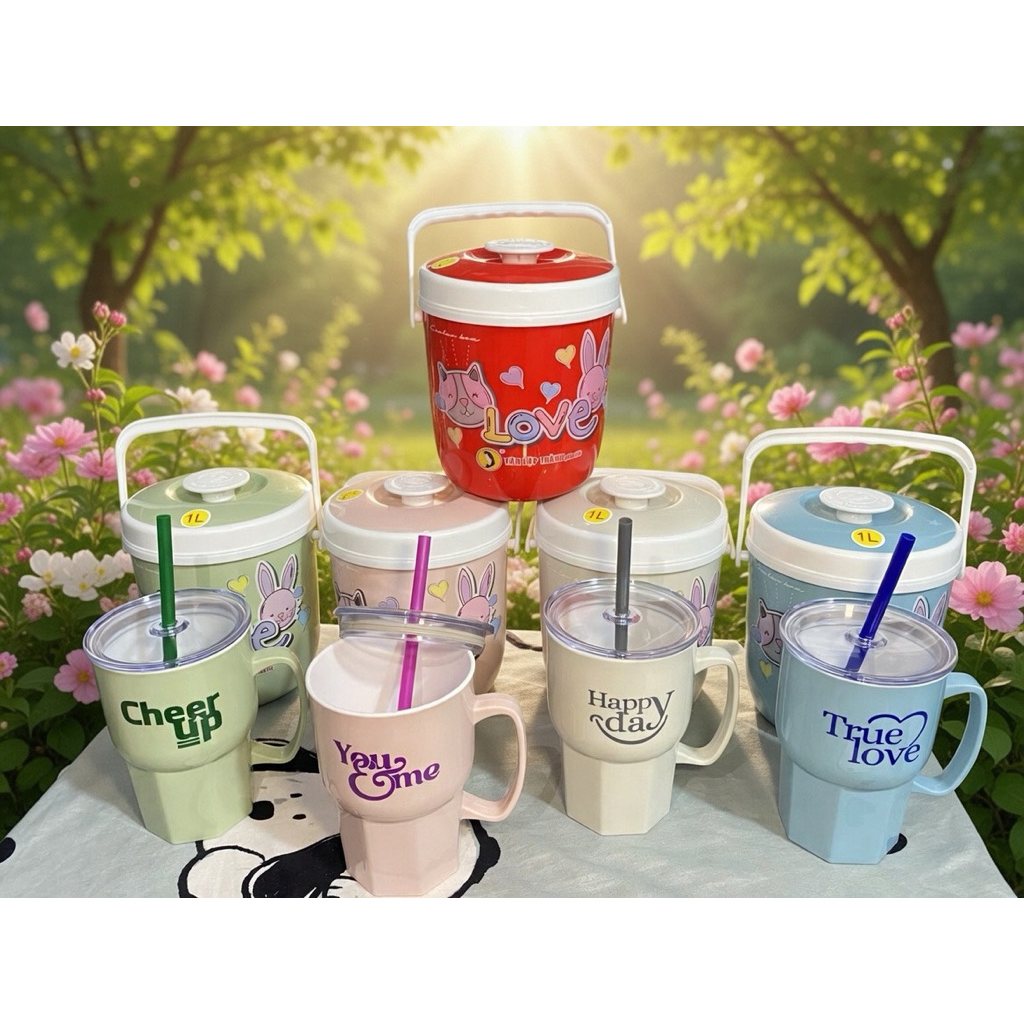 Bình nước 1 lít, bình nước dung tích Bình nước 1l cute có quai xác, bình nước 1l kèm ly uống, bình n