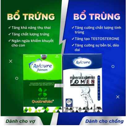 TPBVSK Bộ đôi bổ trứng - bổ trùng Avisure Folimom - Fomen hỗ trợ sinh sản cho cặp đôi 30 viên