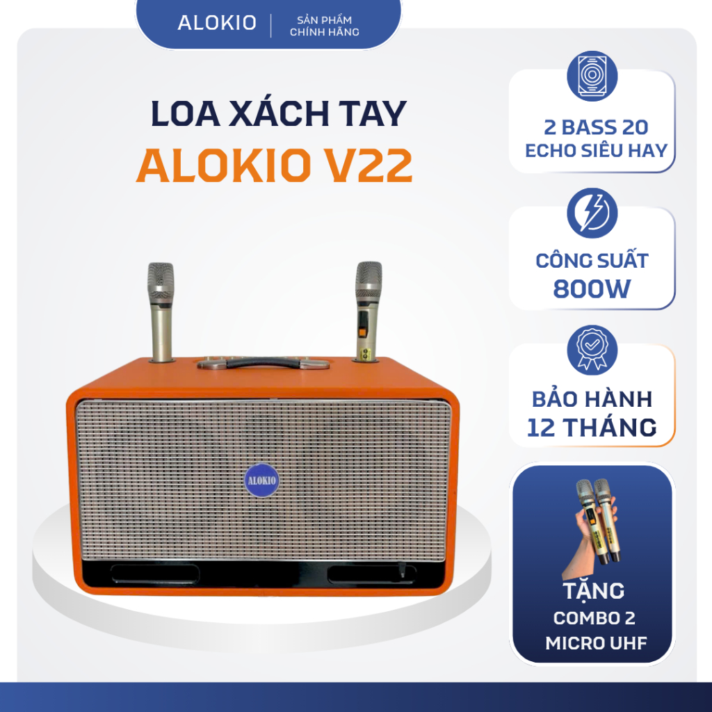 Loa Xách Tay Alokio V22 Chính Hãng - 2 Bass 20 – Karaoke Bluetooth - Thùng Gỗ Bọc Da – Micro UHF