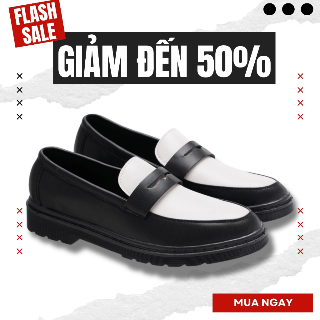 Giày da công sở chunky loafer thời trang giày da lì đế chunky thời trang phối màu đen trắng