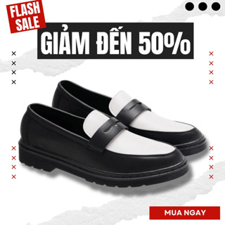 Giày da công sở chunky loafer thời trang giày da lì đế chunky thời trang phối màu đen trắng