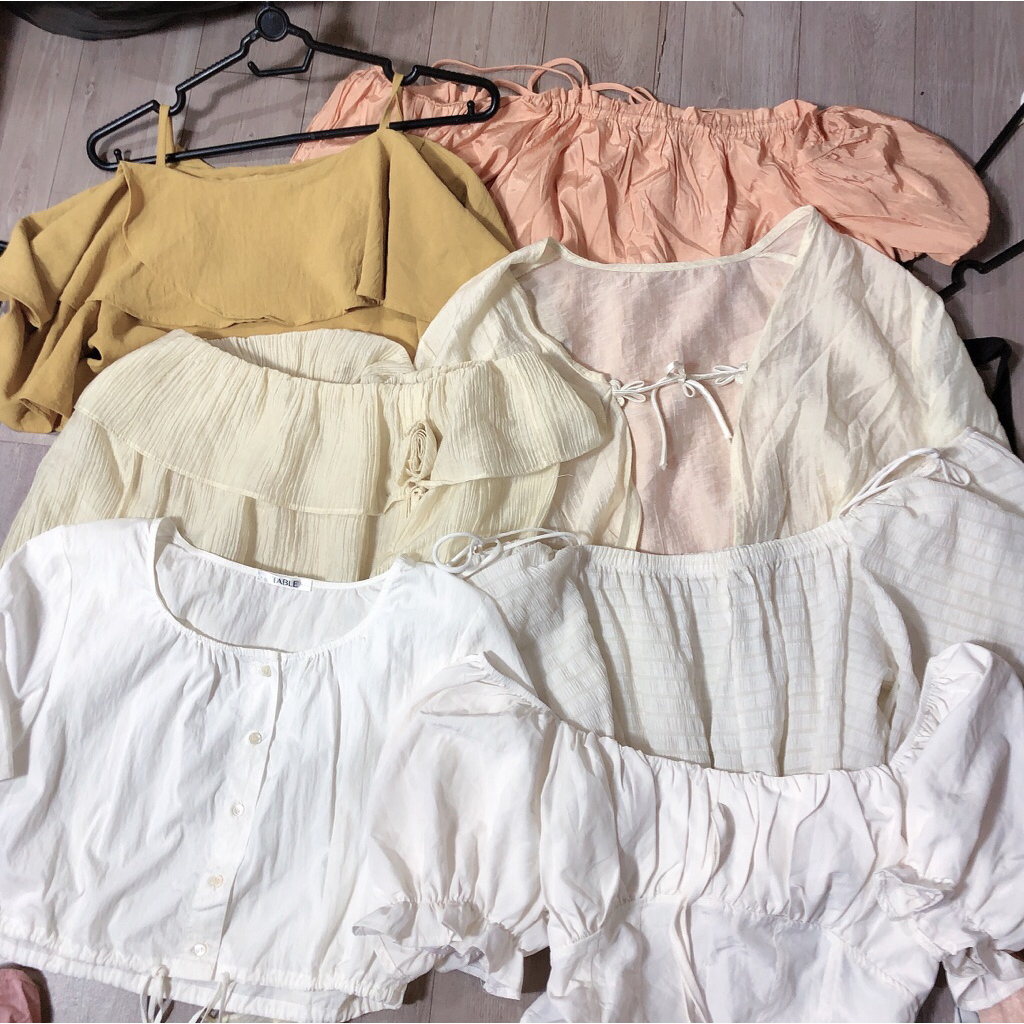 102Store Áo Sơ Mi Pastel Trễ Vai Viền Bèo Xinh