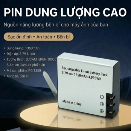 Pin 1350mAh & Dock Sạc Cho Camera Hành Trình Eken H9R, SJCAM 4000, Amkov, Action Cam 4K