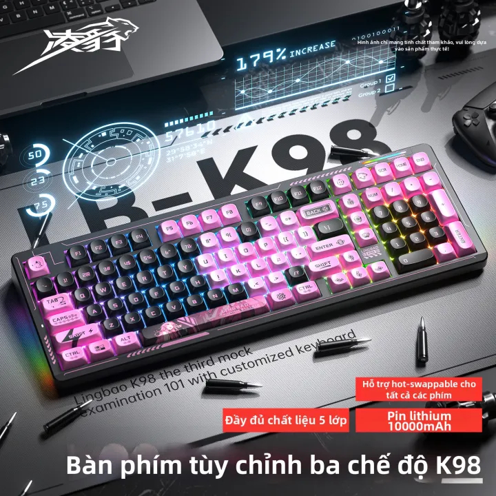 (NEW-SẴN) LINGBAO K98 - Bàn phím cơ không dây - 3 MODE - LED RGB - Mạch xuôi - Pin 10000 mAh