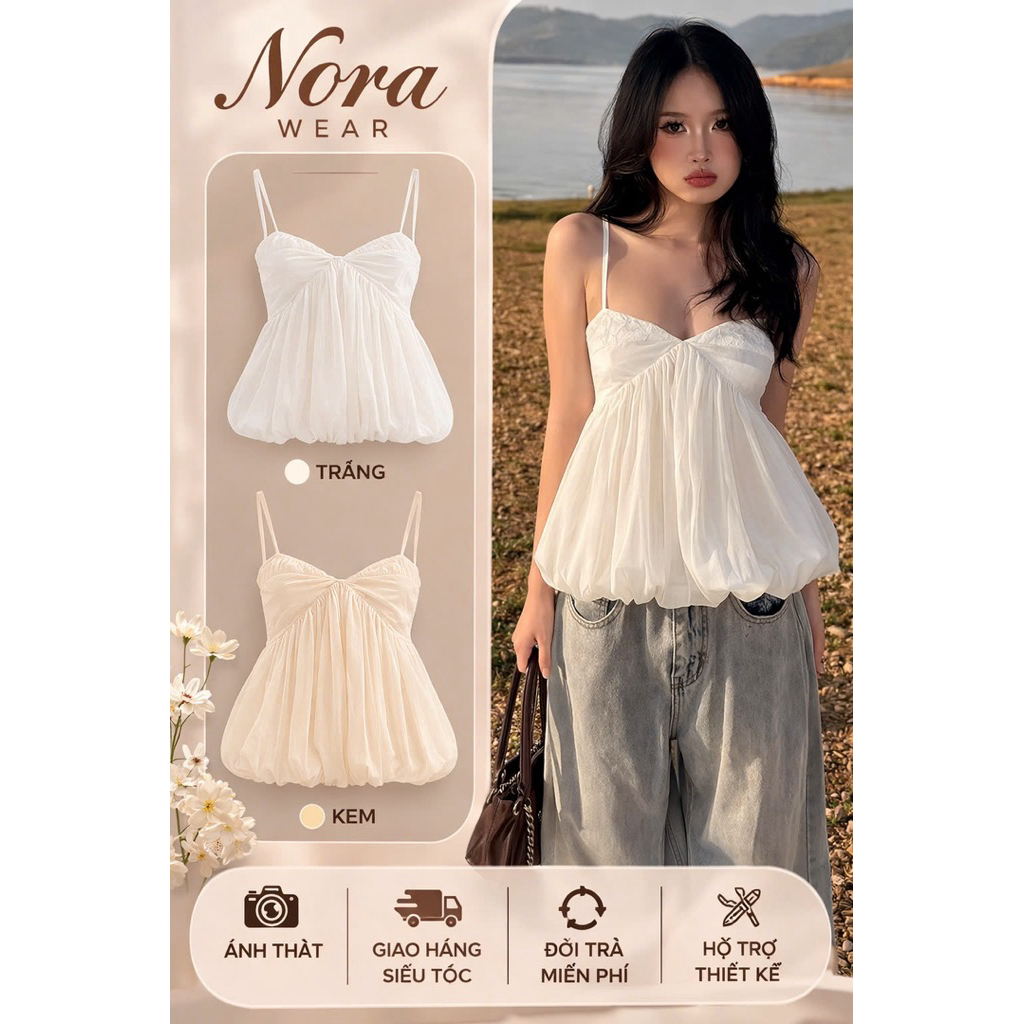 Áo hai dây dáng babydoll Nora Wear – Áo nữ form rộng nhẹ