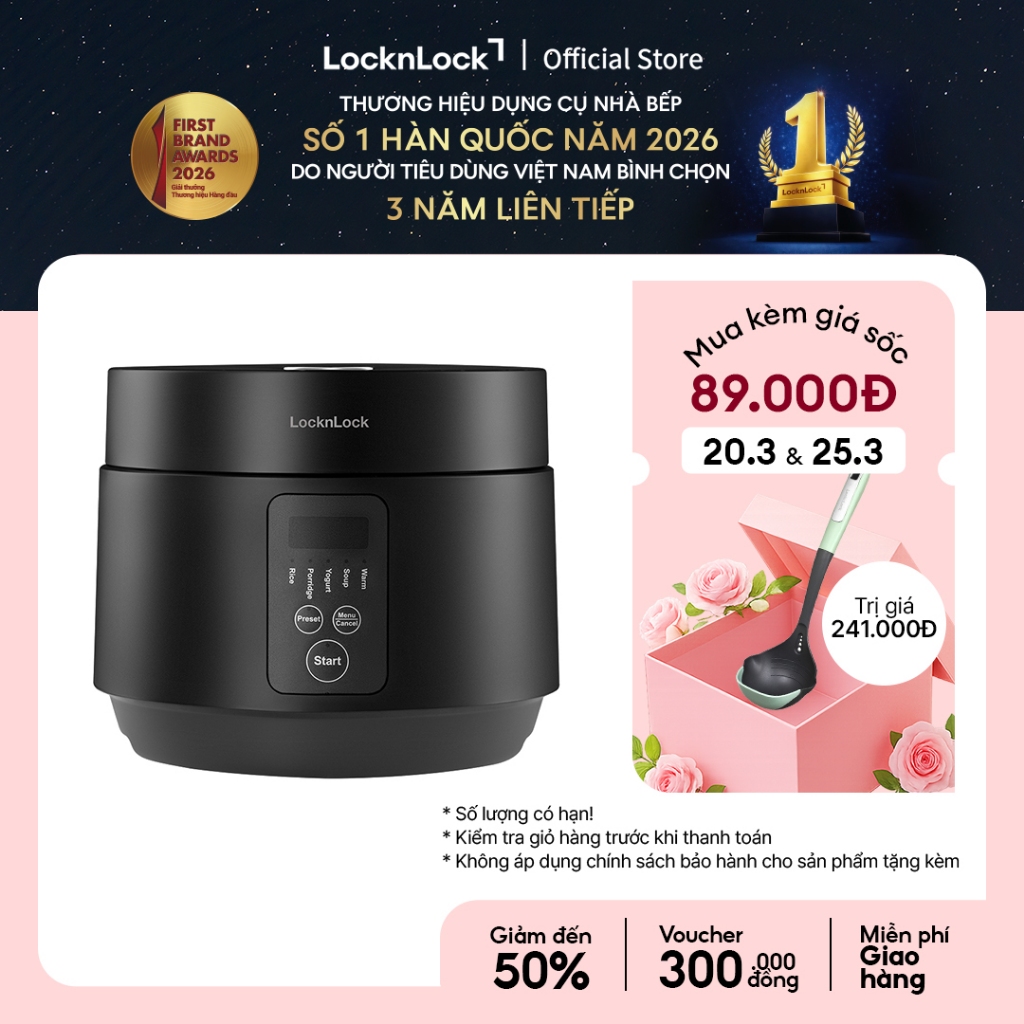 Nồi cơm điện Lock&Lock Compact Rice Cooker 1.2L màu đen EJR346BLK