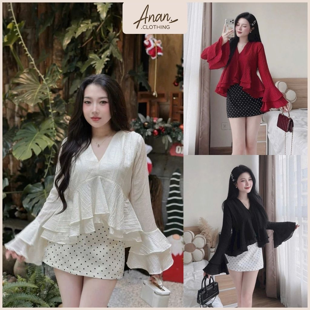 Set Áo Babydoll Cổ V Tay Loe Tầng + Chân Váy Ngắn Chấm Bi - Set Đồ Nữ Nhẹ Nhàng - Ananclothing