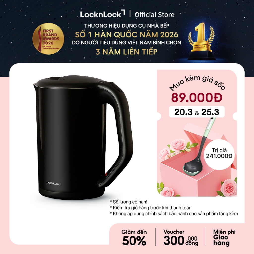 Ấm đun bằng thép không gỉ Lock&Lock, 1.7L màu đen EJK738BLK