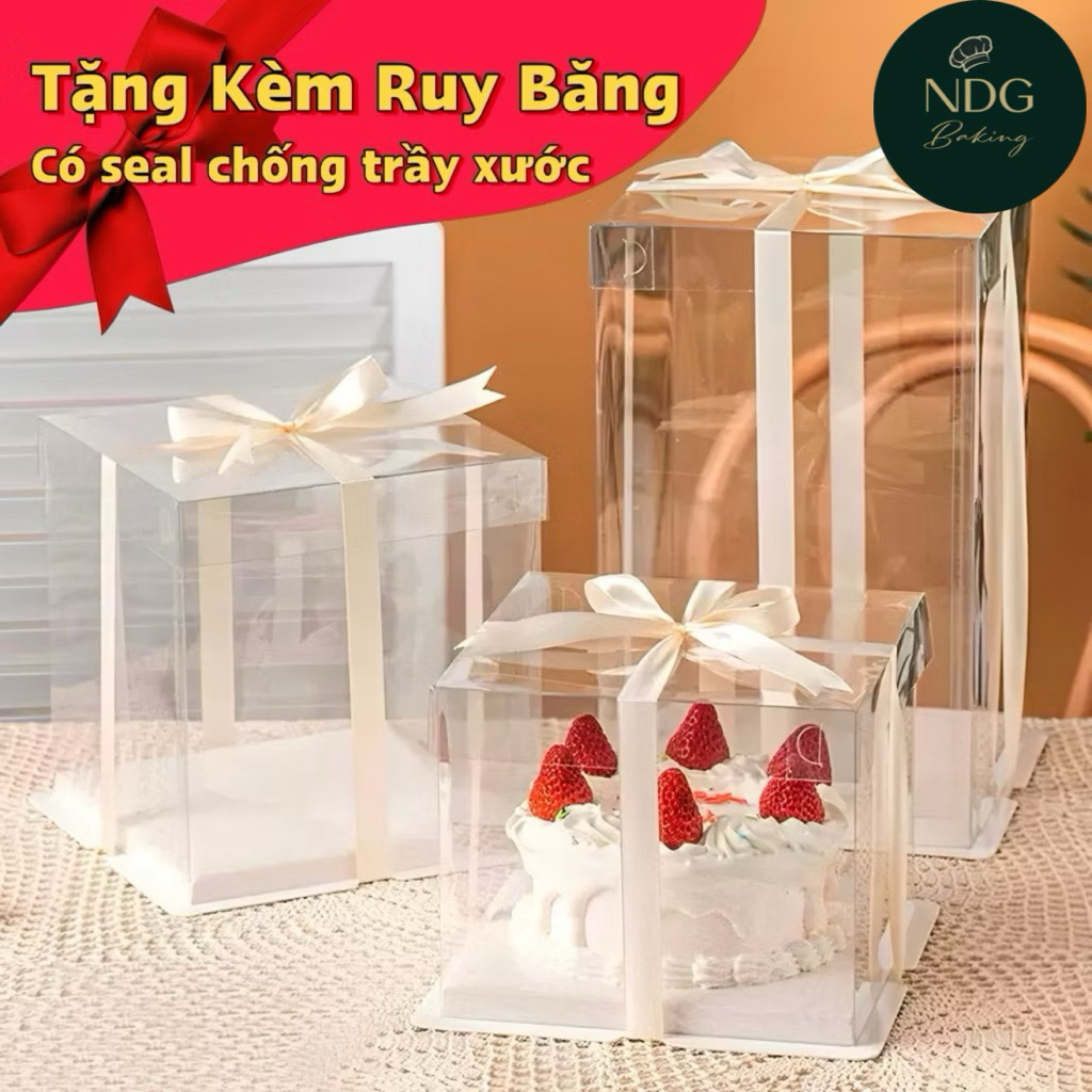 (TẶNG KÈM DÂY) Hộp mica trong suốt nắp rời - Hộp 3 Chi Tiết Đựng Bánh Sinh Nhật, Gấu Bông, Hoa, Quà 