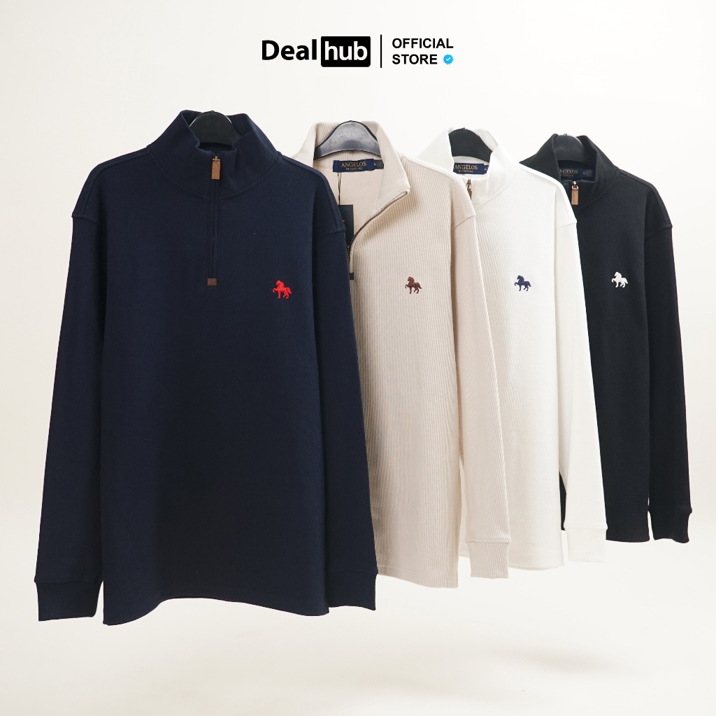 Áo Half Zip Sweater Thêu Ngựa Angelos Cổ Bẻ Vải Dệt Kim Nhung Tăm Quarter Zip Form Âu Regular Fit