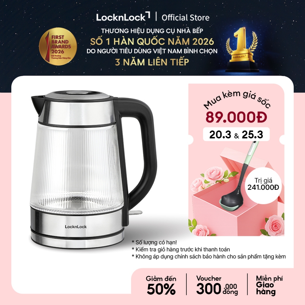 Ấm đun siêu tốc bằng thủy tinh LocknLock Glass Electric Kettle 1.8L có đèn led và lưới lọc EJK256BLK