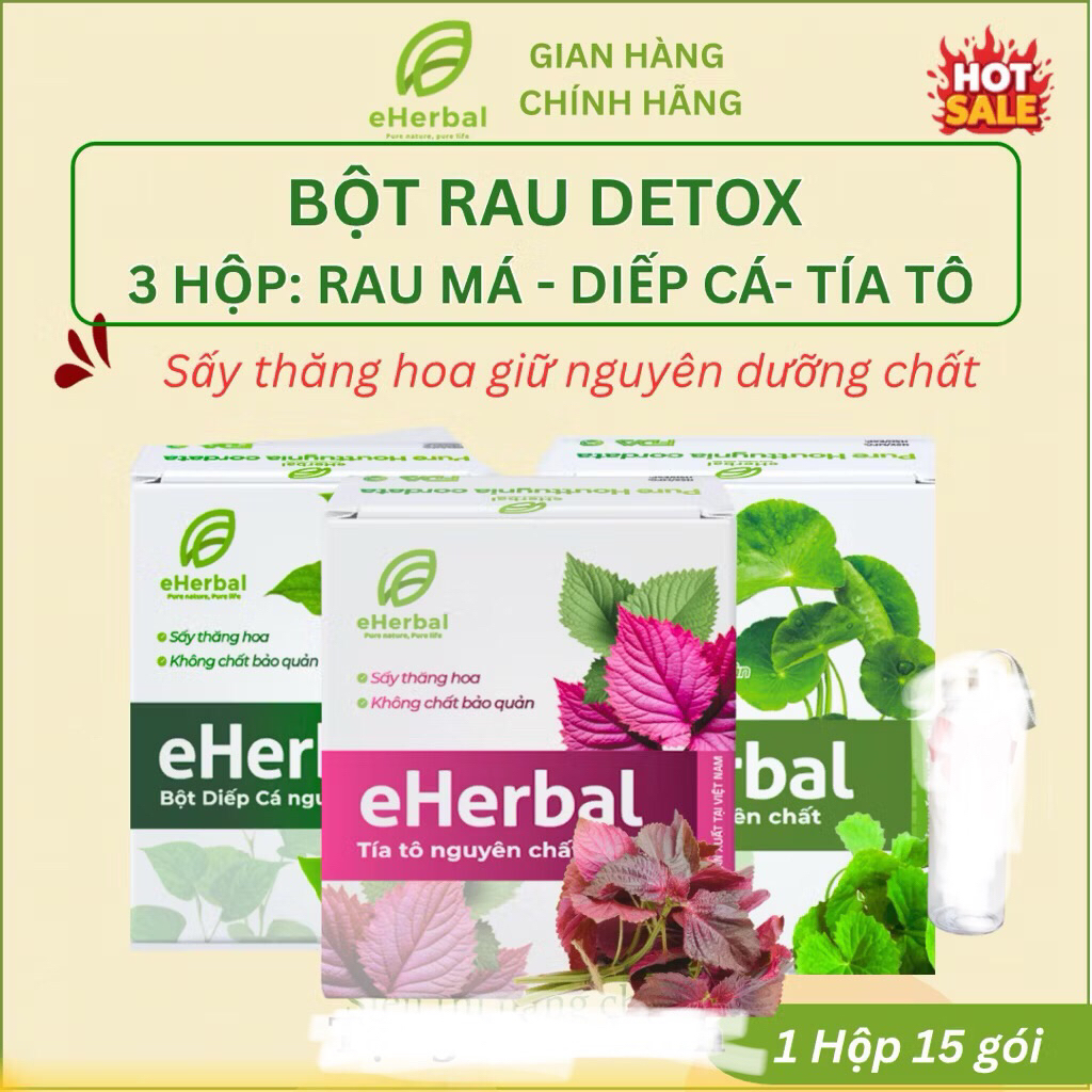 Combo 3 Vị Bột rau detox Eherbal ( rau má, diếp cá, tía tô - Sấy thăng hoa hàng chính hãng